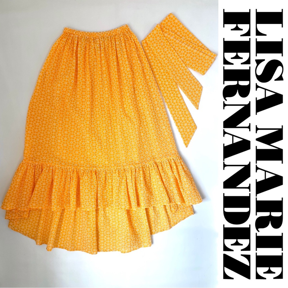 LISA MARIE FERNANDEZ Floral Eyelet Cotton Yellow Belted Maxi Skirt sz 2, SMALL
